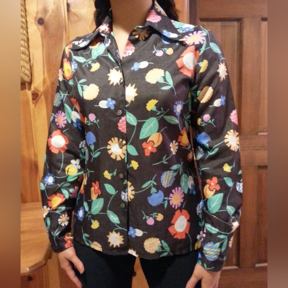 Vintage Timwear for I. Magnin Made In France Black  Abstract Floral Blouse